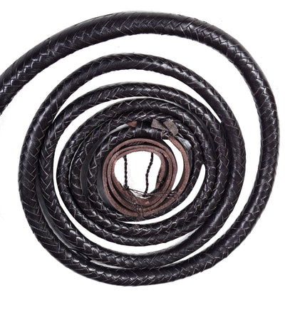 Bull whip measuring 8 feet from handle to end of braid, elegantly displayed in action.
