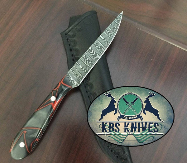 Epoxy Resin Handmade Damascus Steel Fillet-Boning Knife with Leather Sheath by KBS Knives StoreEpoxy Resin Handmade Damascus Steel Fillet-Boning Knife with Leather Sheath by KBS Knives Store