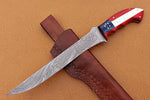 Handmade Damascus Steel Fillet-Boning Knife with Texas Flag Red-Blue Exotic Wood and Bone Handle