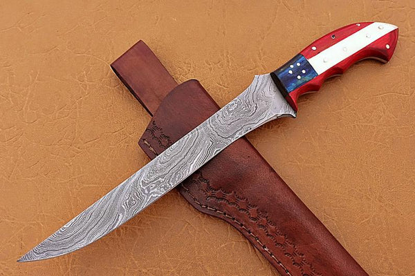 Handmade Damascus Steel Fillet-Boning Knife with Texas Flag Red-Blue Exotic Wood and Bone Handle