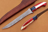 Handmade Damascus Steel Fillet-Boning Knife with Texas Flag Red-Blue Exotic Wood and Bone Handle