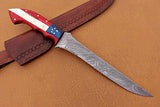 Handmade Damascus Steel Fillet-Boning Knife with Texas Flag Red-Blue Exotic Wood and Bone Handle