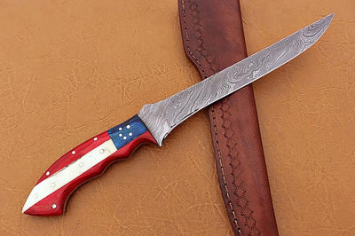 Handmade Damascus Steel Fillet-Boning Knife with Texas Flag Red-Blue Exotic Wood and Bone Handle