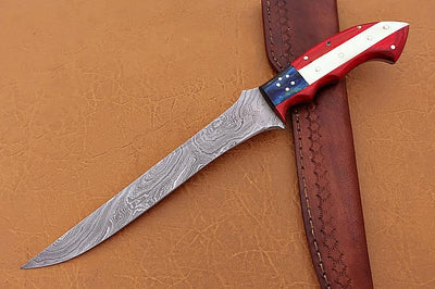Handmade Damascus Steel Fillet-Boning Knife with Texas Flag Red-Blue Exotic Wood and Bone Handle