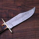 Deluxe Dundee Bowie Knife - Damascus Steel Blade, Camel Bone Handle, Brass Guard, and Leather Sheath - KBS Knives Store