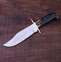 Deluxe Dundee Bowie Knife - Damascus Steel Blade, Camel Bone Handle, Brass Guard, and Leather Sheath - KBS Knives Store