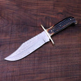 Custom handmade Western Bowie knife with a 10-inch Damascus steel blade and bone handle.