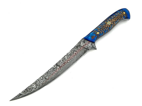 Handmade Damascus Steel Fillet-Boning Knife with Blue Epoxy Pine Cone Handle
