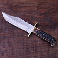 Full view of the Western Bowie knife featuring a 10-inch Damascus steel blade and leather sheath.
