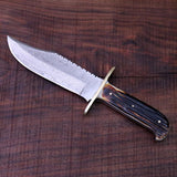 Full view of the Western Bowie knife featuring a 10-inch Damascus steel blade and leather sheath.