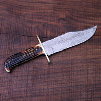 Deluxe Dundee Bowie Knife - Full Tang Damascus Steel Blade, Camel Bone Handle, and Leather Sheath - Available at KBS Knives Store