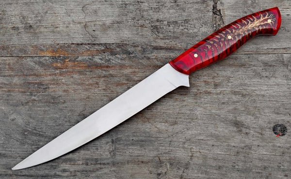 Handmade D2 Steel Fishing Fillet Knife with Red Epoxy Pine Cone