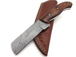 "Ranch Cowboy Custom Handmade Damascus Steel Bull Cutter Knife with Rosewood Handle, 8.5 Inches, and Leather Sheath, Available at KBS Knives Store"