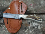 "Custom Handmade Cowboy Rasp Tool Steel Bull Cutter Knife with Antler Horn Handle, 7.5 Inches, and Leather Sheath, Available at KBS Knives Store"