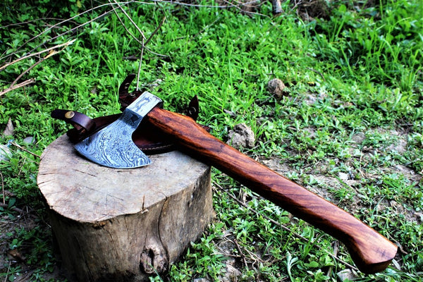 Damascus Steel Custom Viking Beard Axe with Rosewood Handle and Leather Sheath by KBS Knives Store.