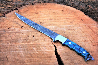 Damascus Steel Fillet Knife with Epoxy Resin and Steel Bolster Handle