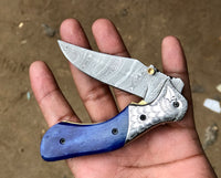 Custom Handmade Damascus Steel Unique Folding Pocket Knife with Colored Bone Handle and Leather Case by KBS Knives Store