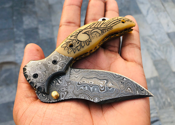 Custom Handmade Damascus Steel Engraved Folding Pocket Knife with Leather Case - KBS Knives Store