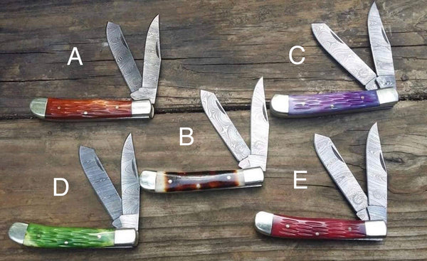 Custom Handmade Damascus Steel Trapper Folding Pocket Knife with Colored Bone Handle and Leather Case by KBS Knives Store