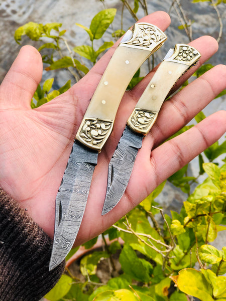 Pair of Custom Handmade Damascus Steel Folding Pocket Knives with Bone and Engraved Brass Bolsters Handle