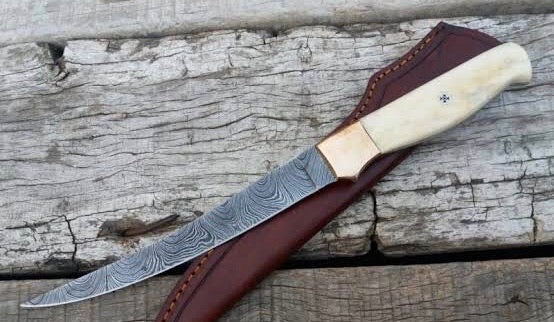 Damascus Steel Handmade Fillet-Boning Knife with Bone and Brass Bolster Handle - Precision and Elegance in Culinary Artistry