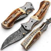 Custom Handmade Damascus Steel Engraved Folding Pocket Knife with Antler Horn Handle and Leather Case by KBS Knives Store.