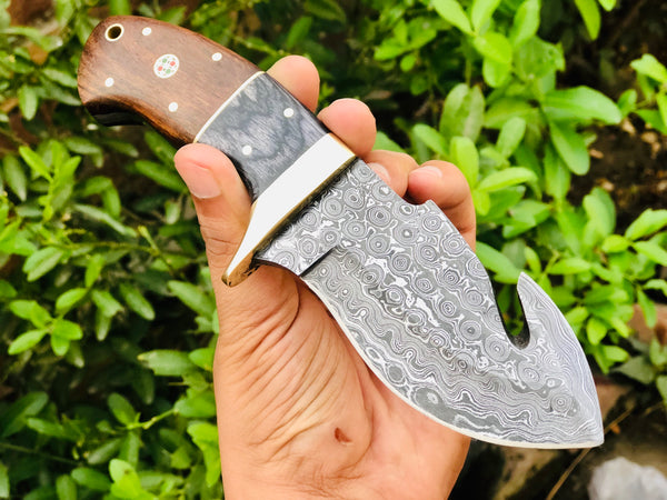 Raindrop Damascus Guthook Skinning knife
