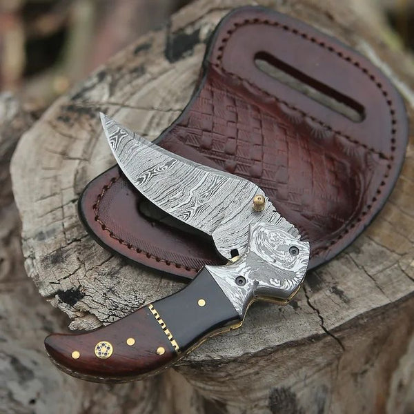 "Damascus Handmade Custom Folding Pocket Knife with Buffalo Horn and Rosewood Handle, 3.2-inch Blade Length, and Leather Case by KBS Knives Store"
