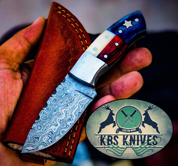 Texas Flag Handle Beautiful Custom Handmade Damascus Camp Hunting Skinning Knife , Bone and Exotic Wood Handle / With Leather Sheath