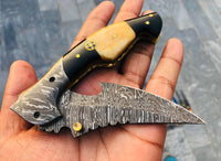 Custom Handmade Damascus Steel Tactical Folding Pocket Knife with Bone and Buffalo Horn Handle and Leather Case by KBS Knives Store