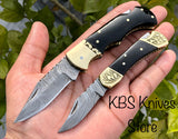 Pair of Custom Handmade Damascus Steel EDC Folding Pocket Knives with Leather Case by KBS Knives Store.