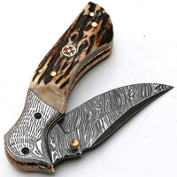 Custom Handmade Damascus Steel Engraved Folding Pocket Knife with Antler Horn Handle and Leather Case by KBS Knives Store.