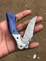 Custom Handmade Damascus Steel Unique Folding Pocket Knife with Colored Bone Handle and Leather Case by KBS Knives Store