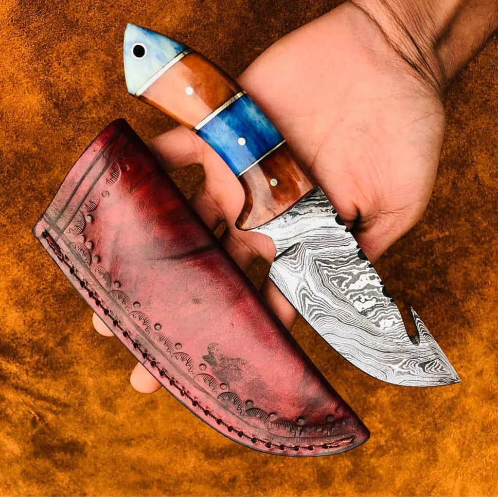 Artisan Crafted Damascus Steel Guthook Skinning Knife - 7.5” with Leather Sheath