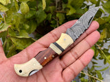 Custom Handmade Damascus Steel Small Folding Pocket Knife with Bone, Rosewood, and Brass Bolsters Handle and Leather Case by KBS Knives Store