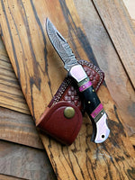 Best Folding Pocket Knife with Buffalo Horn and Color Wood Spacers Handle, 3 Inches Blade Length and Leather Case - For Sale by KBS Knives Store.