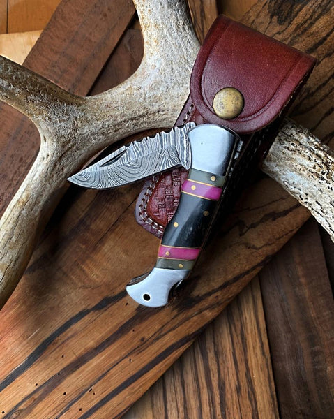 Best Folding Pocket Knife with Buffalo Horn and Color Wood Spacers Handle, 3 Inches Blade Length and Leather Case - For Sale by KBS Knives Store.
