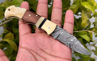 Custom Handmade Damascus Steel Small Folding Pocket Knife with Bone, Rosewood, and Brass Bolsters Handle and Leather Case by KBS Knives Store