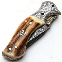 Custom Handmade Damascus Steel Engraved Folding Pocket Knife with Antler Horn Handle and Leather Case by KBS Knives Store.