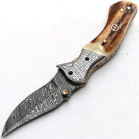 Custom Handmade Damascus Steel Engraved Folding Pocket Knife with Antler Horn Handle and Leather Case by KBS Knives Store.