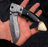 Custom Handmade Damascus Steel Folding Pocket Knife with Bone and Buffalo Horn Handle - 3.34 inch Blade Length by KBS Knives Store