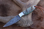 "Buckaroo Cowboy Custom Handmade Damascus Knife with Sheep Horn-Steel Bolster Handle, 6.25 Inches, and Leather Sheath, Available at KBS Knives Store"