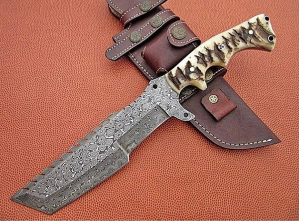 Artisan-Crafted Raindrop Damascus Tanto Blade Tracker Knife with Sheep Horn Handle