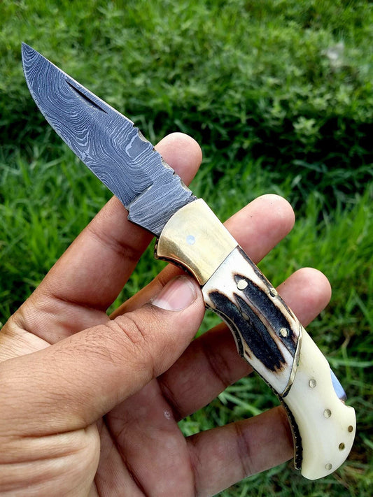 Custom Handmade Damascus Steel Folding Pocket Knife with Antler Horn, Bone, and Brass Bolster Handle and Leather Case - Ideal for Father's Day, Groomsman Gifts, and More by KBS Knives Store