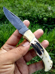 Custom Handmade Damascus Steel Folding Pocket Knife with Antler Horn, Bone, and Brass Bolster Handle and Leather Case - Ideal for Father's Day, Groomsman Gifts, and More by KBS Knives Store