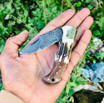 Custom Handmade Damascus Steel Folding Pocket Knife with Rosewood, Antler Horn, and Brass Bolster Handle and Leather Case - Perfect for Father's Day, Groomsman Gifts, and More by KBS Knives Store