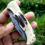 Custom Handmade Damascus Steel Folding Pocket Knife with Antler Horn, Bone, and Brass Bolster Handle and Leather Case - Ideal for Father's Day, Groomsman Gifts, and More by KBS Knives Store