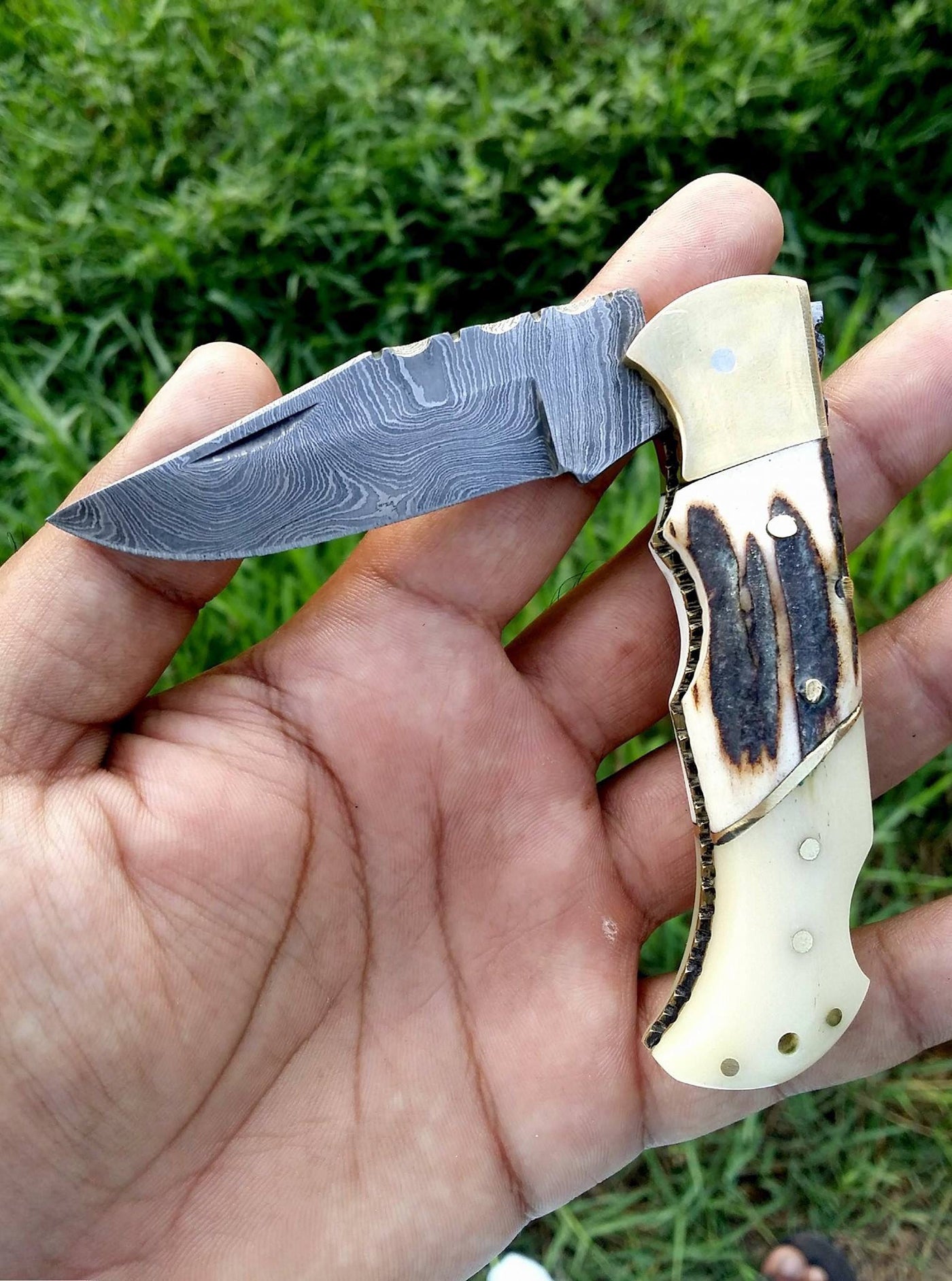 Custom Handmade Damascus Steel Folding Pocket Knife with Antler Horn, Bone, and Brass Bolster Handle and Leather Case - Ideal for Father's Day, Groomsman Gifts, and More by KBS Knives Store