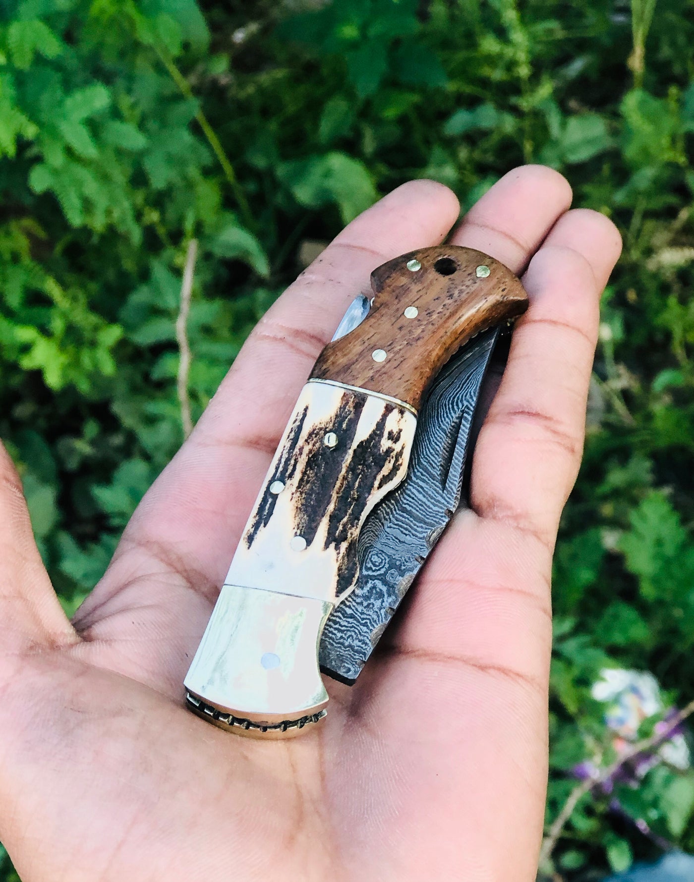 Custom Handmade Damascus Steel Folding Pocket Knife with Rosewood, Antler Horn, and Brass Bolster Handle and Leather Case - Perfect for Father's Day, Groomsman Gifts, and More by KBS Knives Store