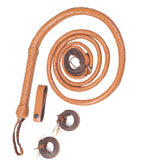 Close-up of the durable cowhide leather handle, showcasing the craftsmanship of the bull whip.
